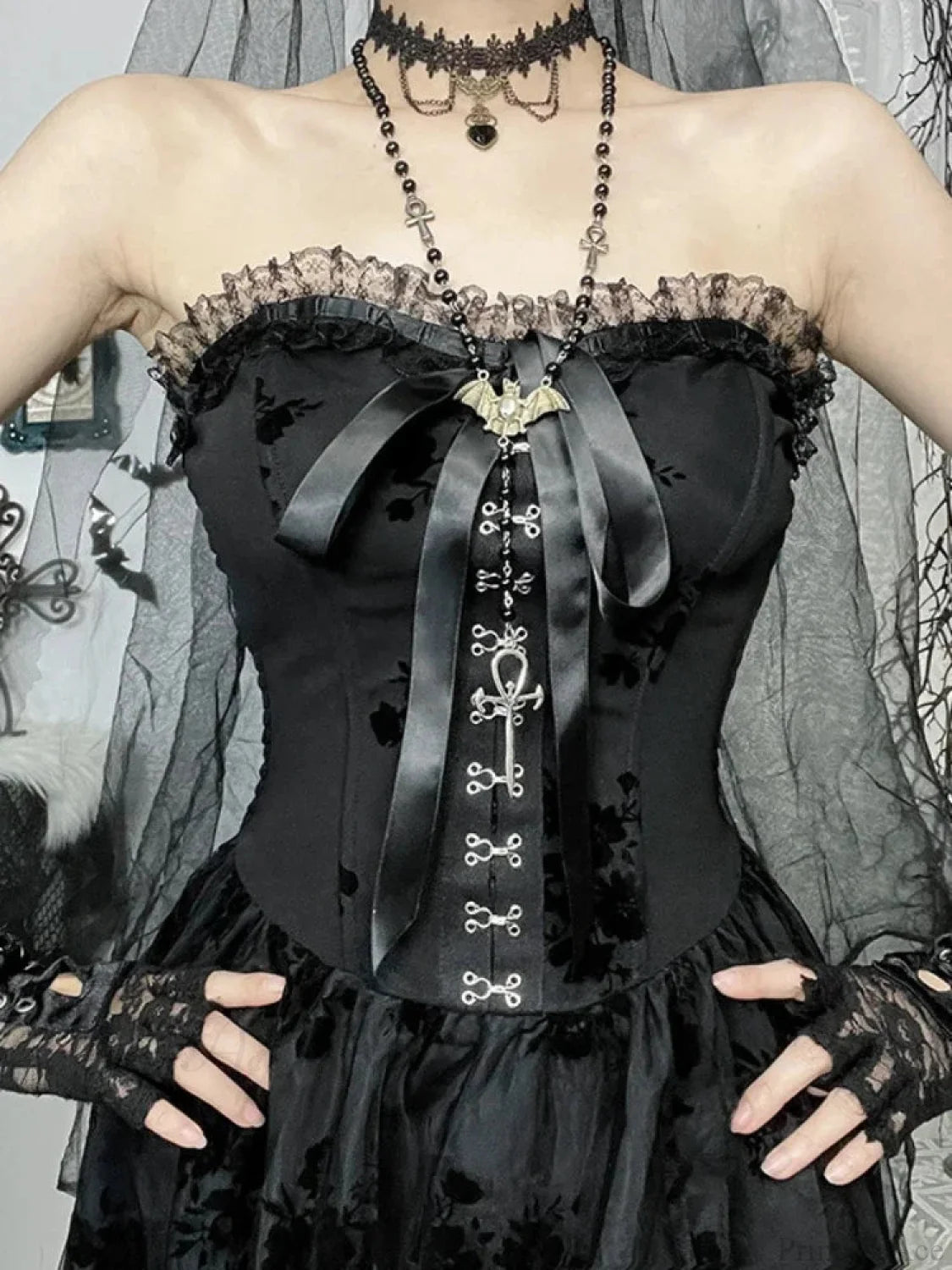 Obscure Blooms Net Bodice Midi Dress