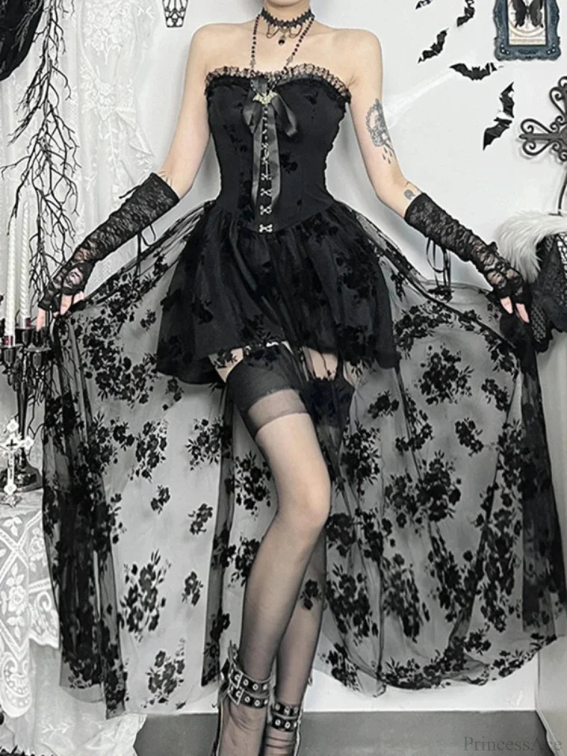 Obscure Blooms Net Bodice Midi Dress