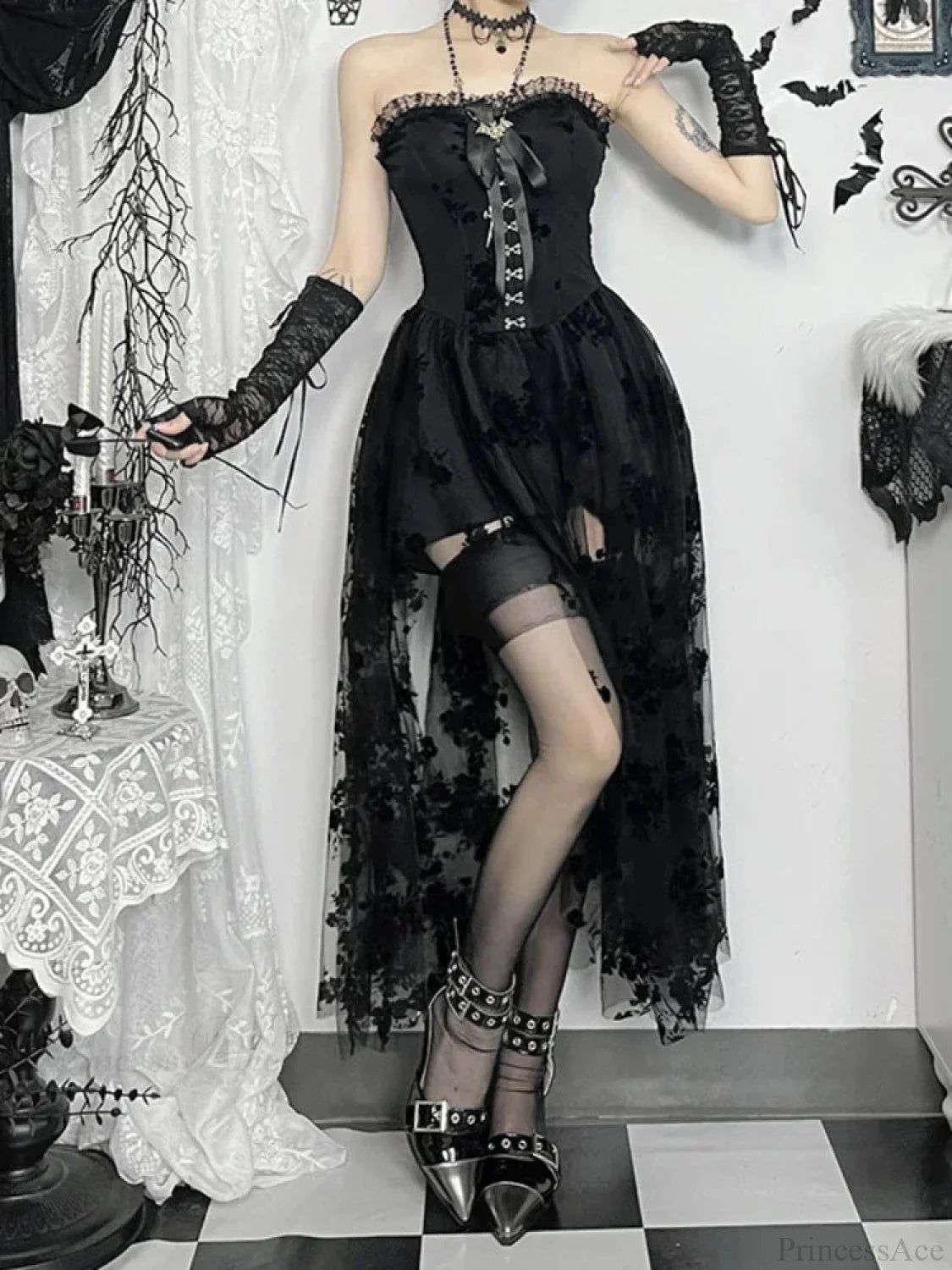 Obscure Blooms Net Bodice Midi Dress