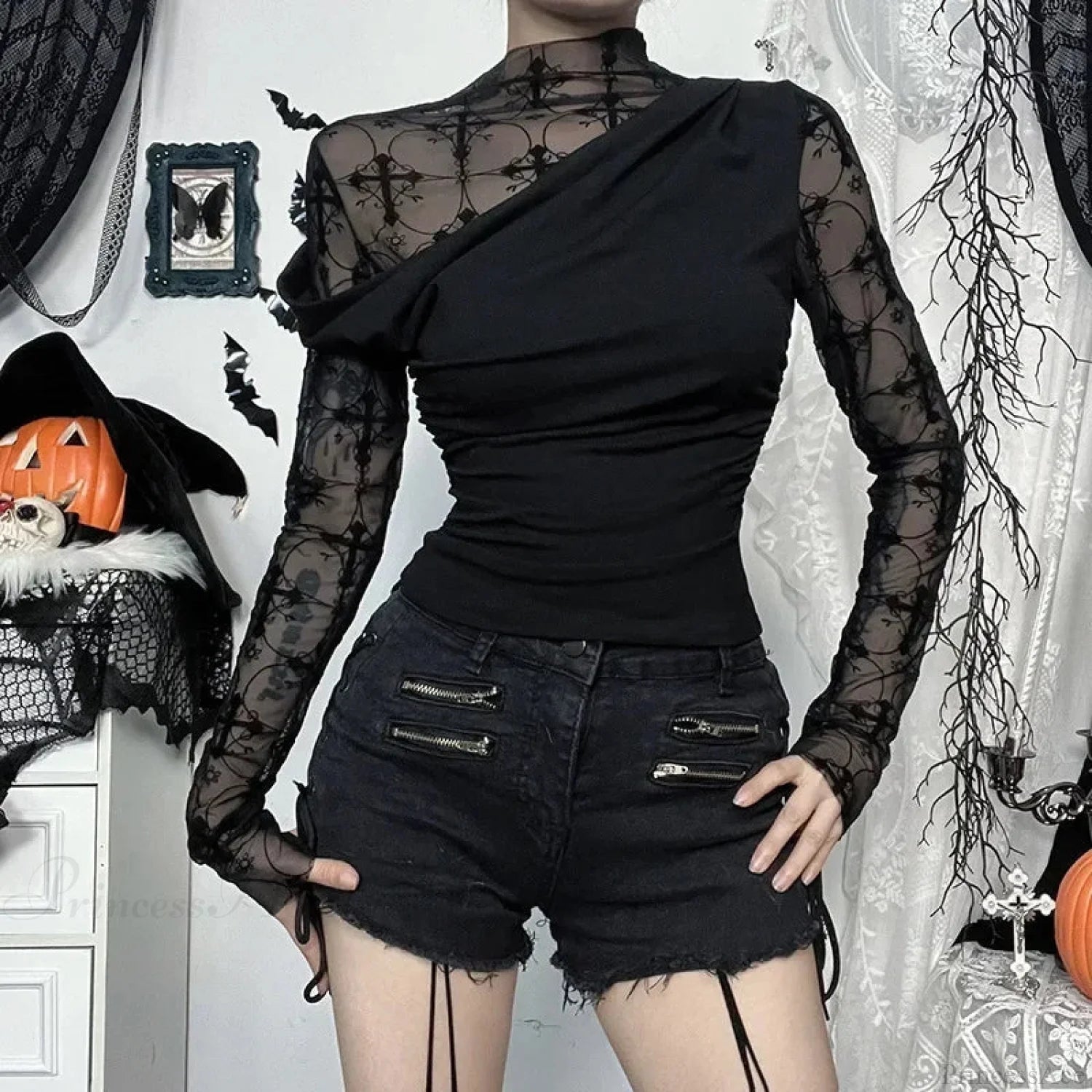 Obscure Gothic Net Patchwork Blouse