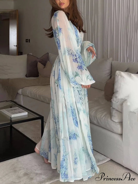 Ocean Flower Chiffon Floral Graceful Drawstring Waist Maxi Dress Dresses