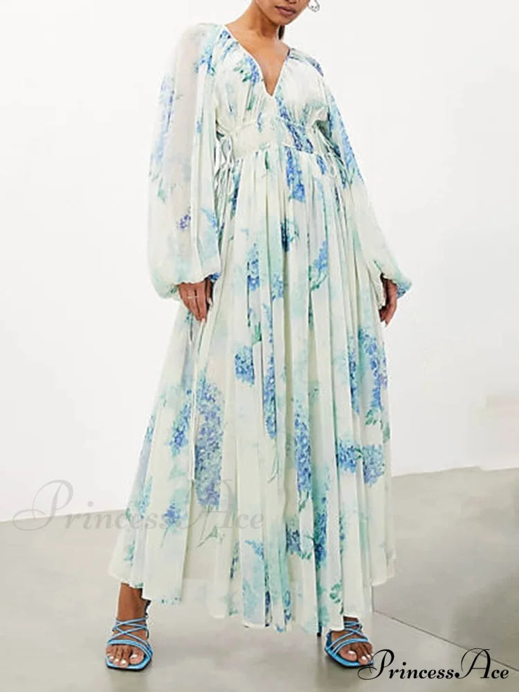 Ocean Flower Chiffon Floral Graceful Drawstring Waist Maxi Dress Dresses