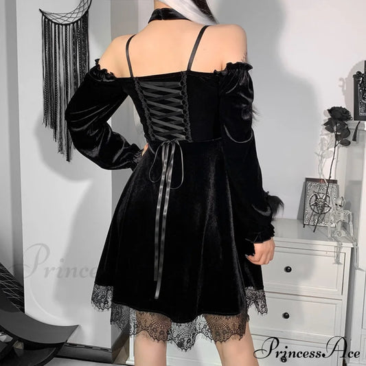 Off Sexy Pentagram Gothic Aesthetic High Shoulder Bandage Punk Black Gown For Dresses Insgoth