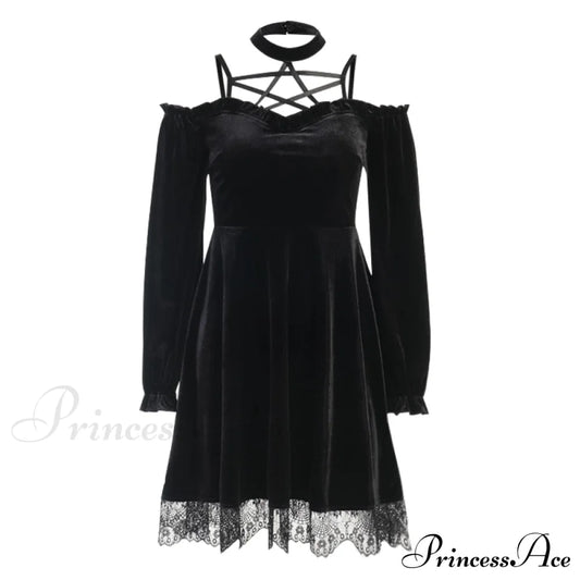 Off Sexy Pentagram Gothic Aesthetic High Shoulder Bandage Punk Black Gown For Dresses Insgoth