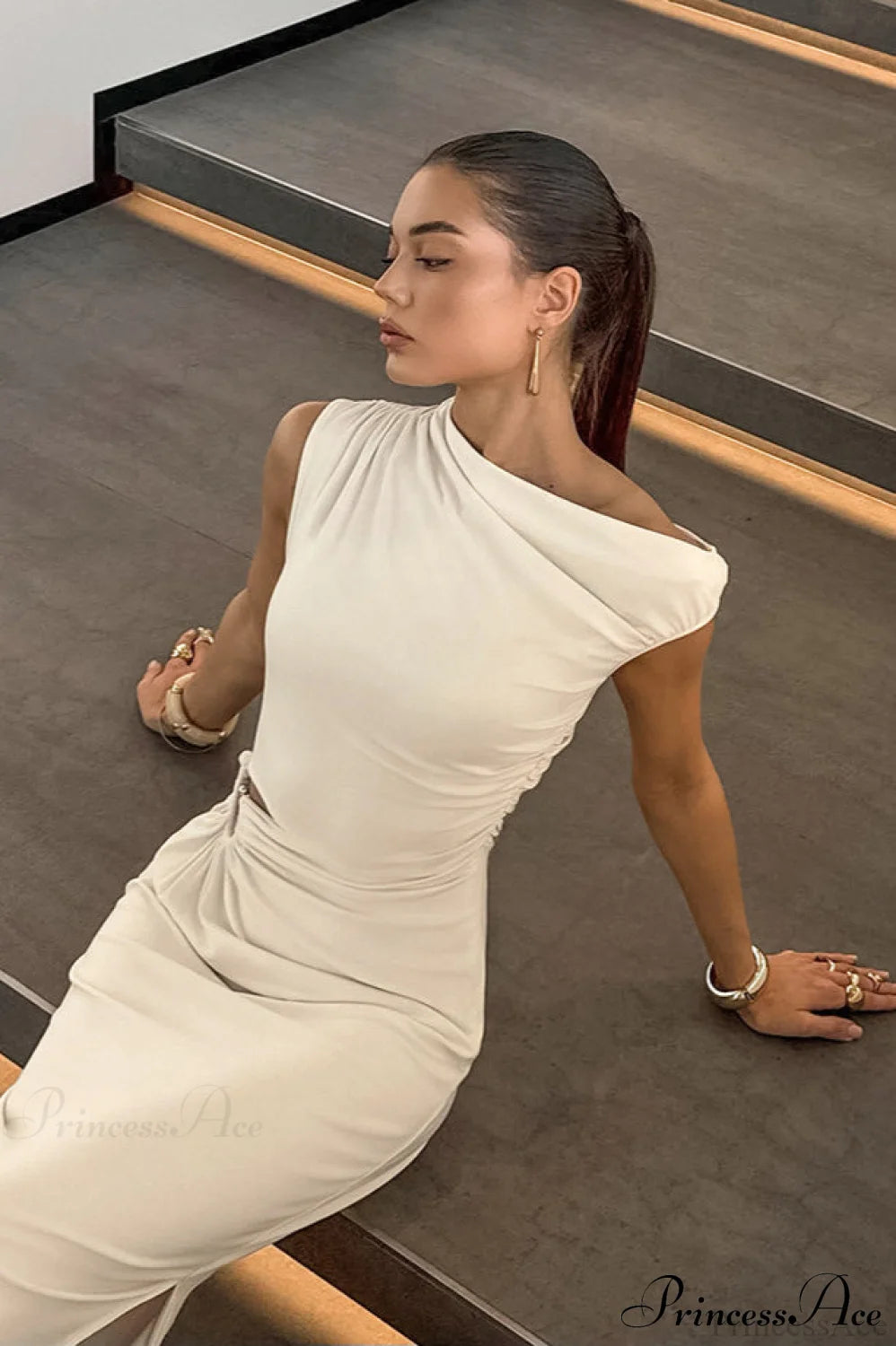 Off Shoulder Beige Ruched Bodycon Elegant Maxi Dress