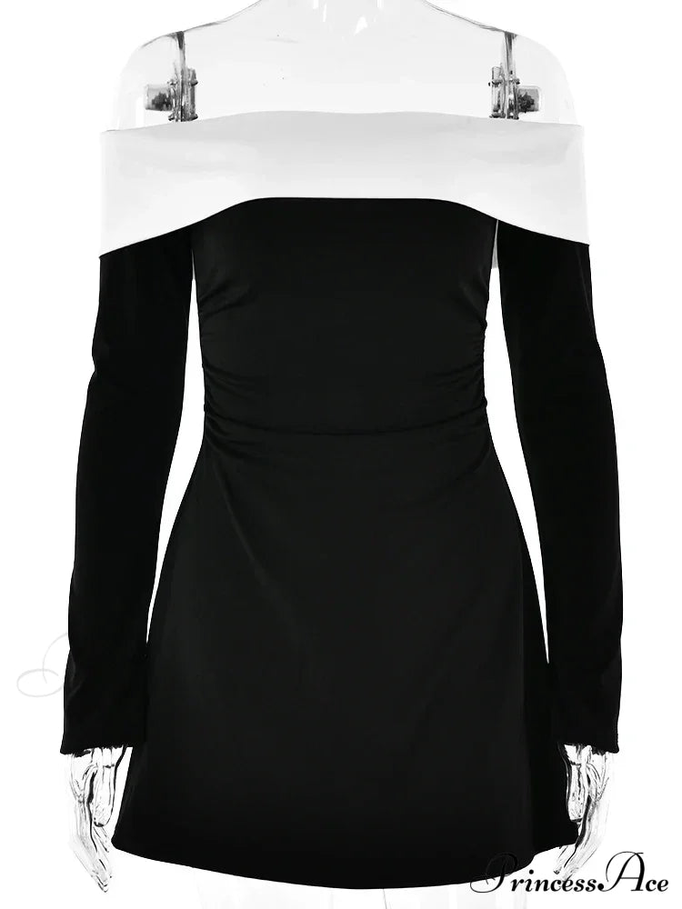 Off-Shoulder Contrast Long Charming Sleeve Mini Dress
