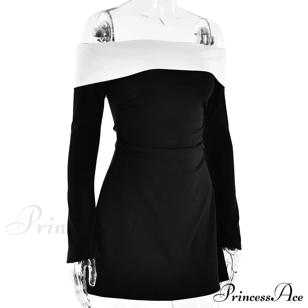 Off-Shoulder Contrast Long Charming Sleeve Mini Dress