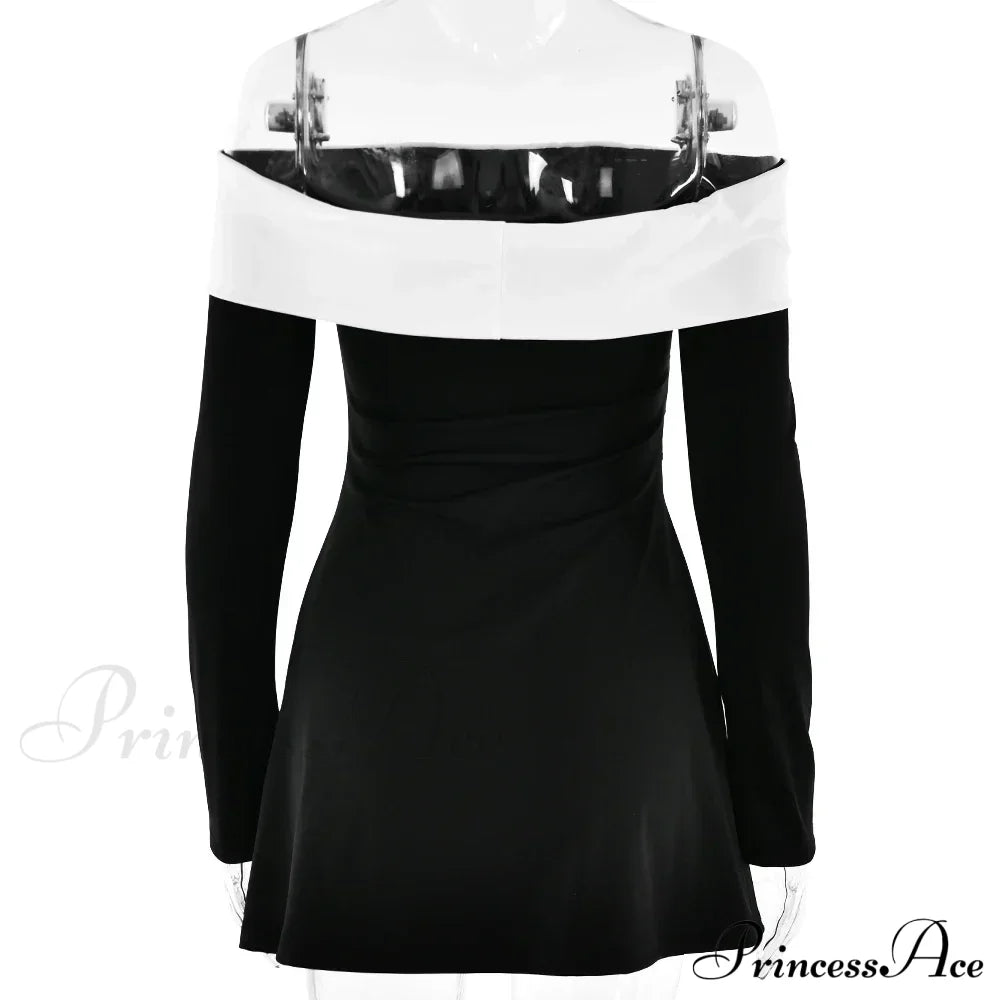 Off-Shoulder Contrast Long Charming Sleeve Mini Dress