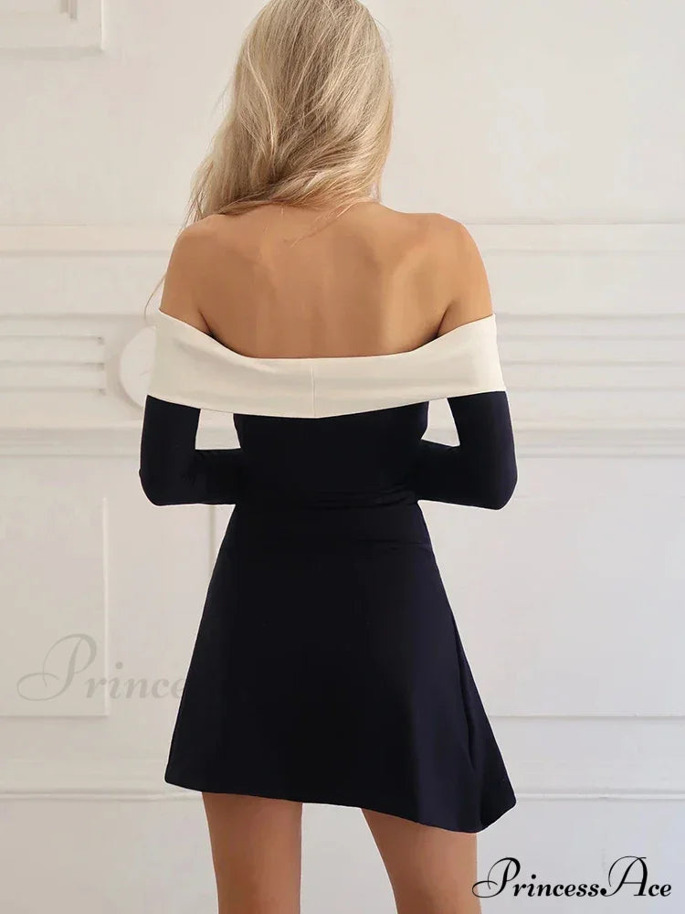 Off-Shoulder Contrast Long Charming Sleeve Mini Dress