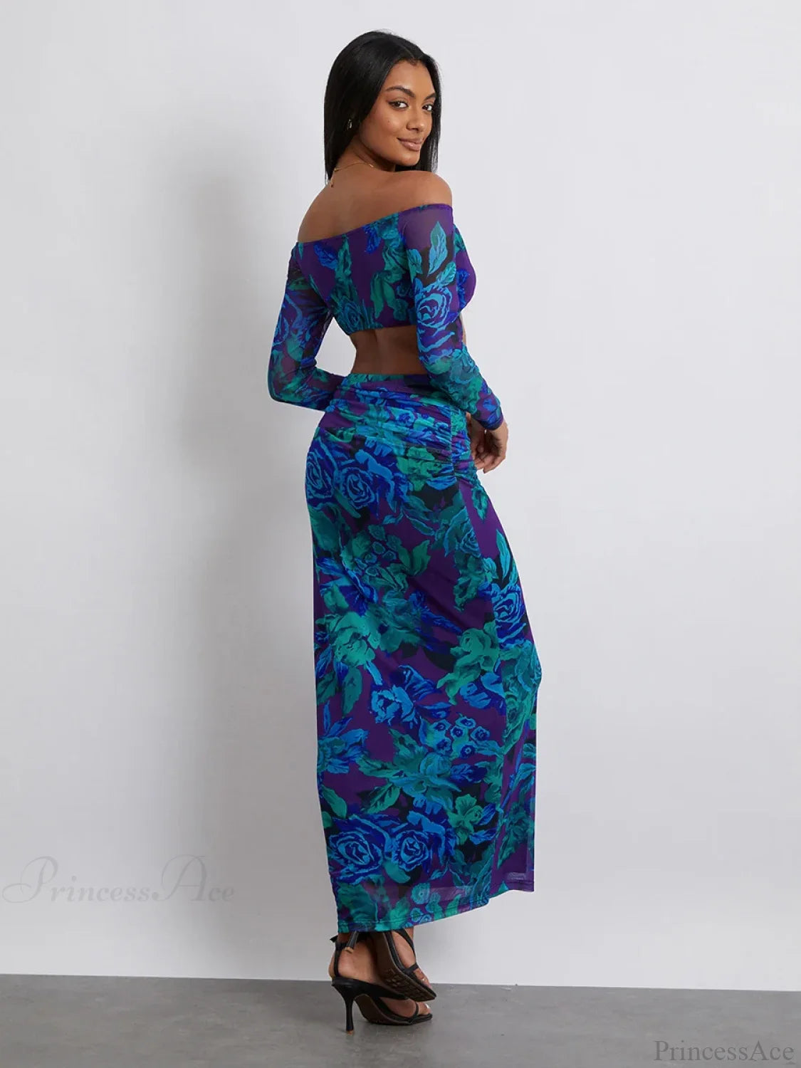 Off-Shoulder Crop Top High Waist Long Floral Skirt floraldress-250126