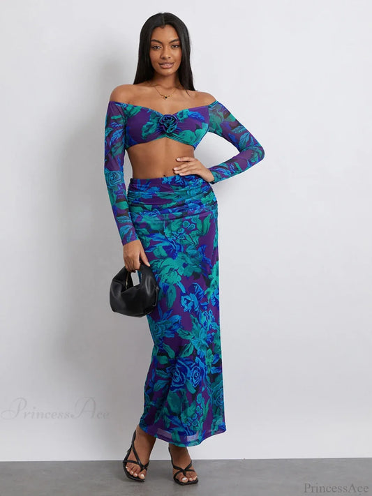 Off-Shoulder Crop Top High Waist Long Floral Skirt floraldress-250126