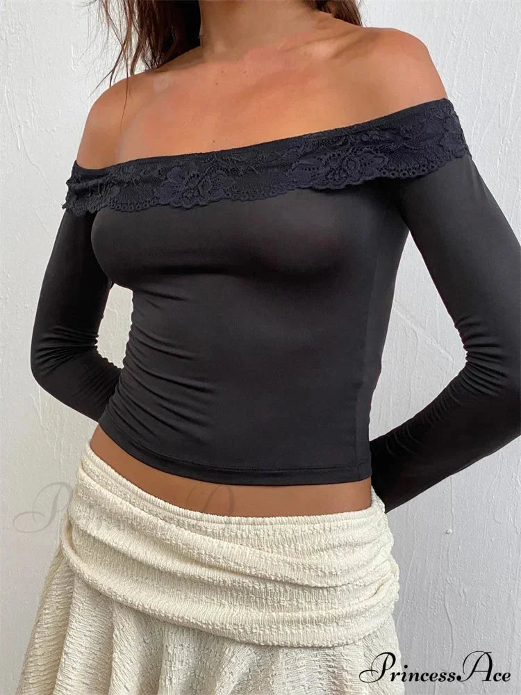 Off Shoulder Cropped Lace Patchwork Long Sleeve Slash Neck T-Shirts Brown / S