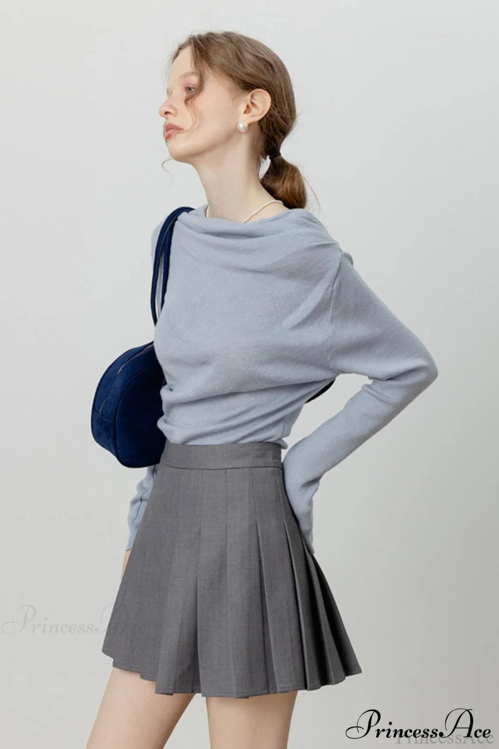 Off-Shoulder Draped Collar Waist-Cinched Knit Top