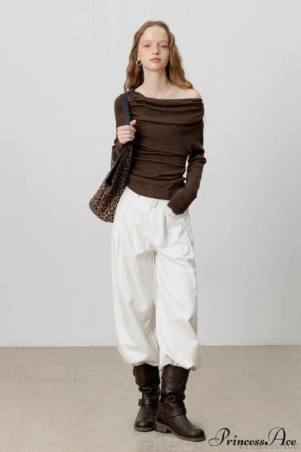 Off-Shoulder Draped Collar Waist-Cinched Knit Top