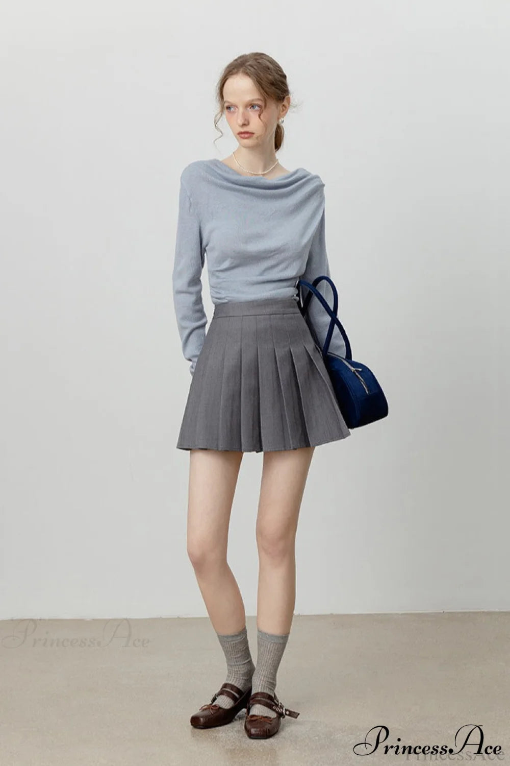 Off-Shoulder Draped Collar Waist-Cinched Knit Top