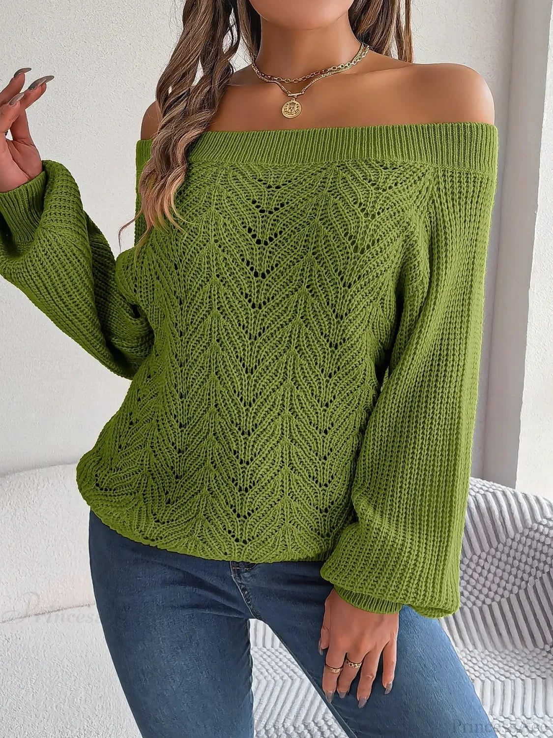 Off - Shoulder Elegant Spring Sweater Green / S