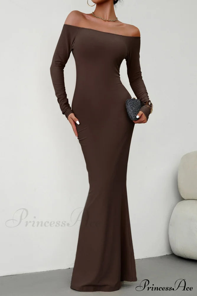 Off Shoulder Fishtail Dress Coffee / L Midi Dresses