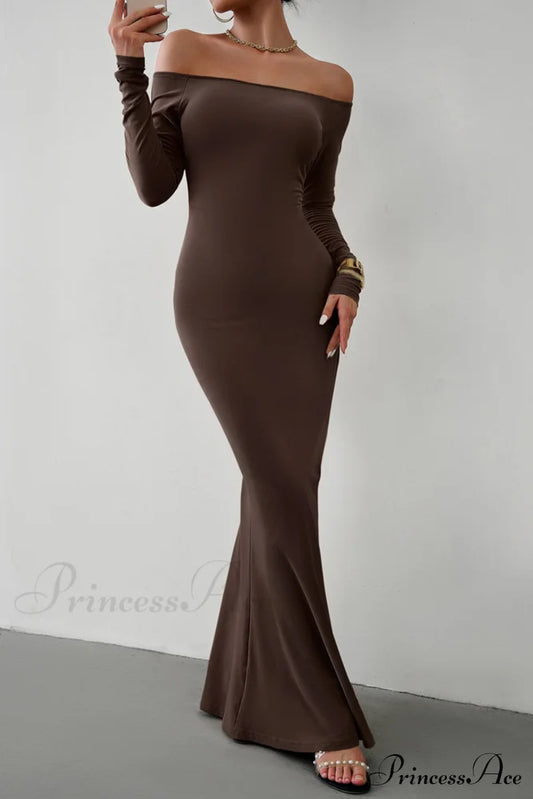 Off Shoulder Fishtail Dress Coffee / S Midi Dresses