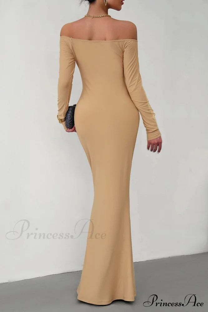 Off Shoulder Fishtail Dress Khaki / Xl Midi Dresses