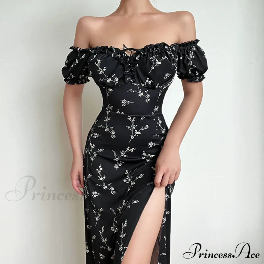 Off Shoulder Flower Print High Split Elegant Long Backless Bodycon Summer Floral Dress