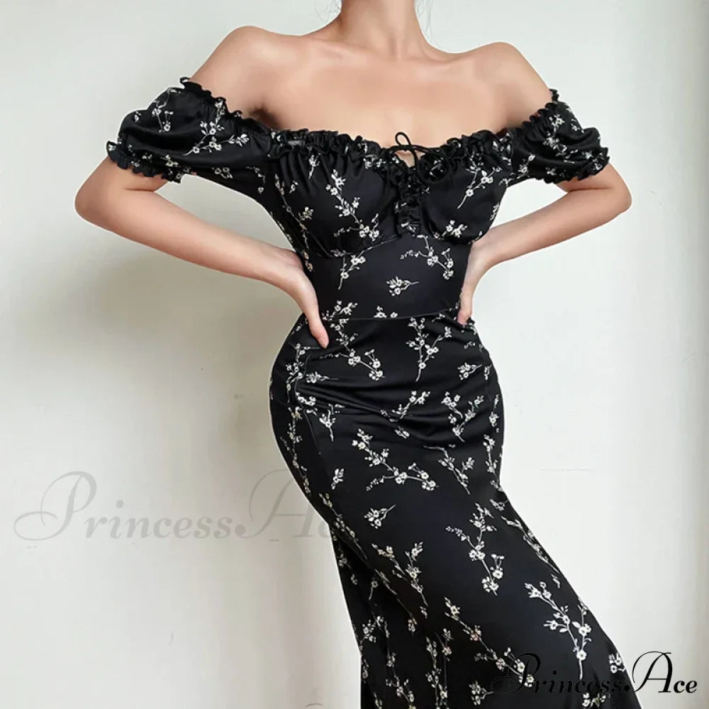 Off Shoulder Flower Print High Split Elegant Long Backless Bodycon Summer Floral Dress