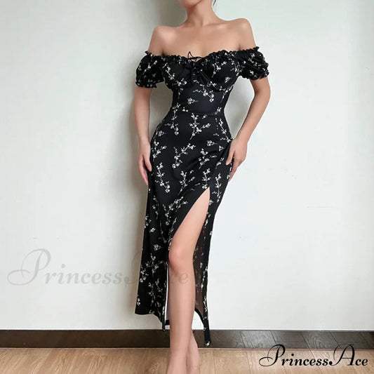 Off Shoulder Flower Print High Split Elegant Long Backless Bodycon Summer Floral Dress Black / Xs