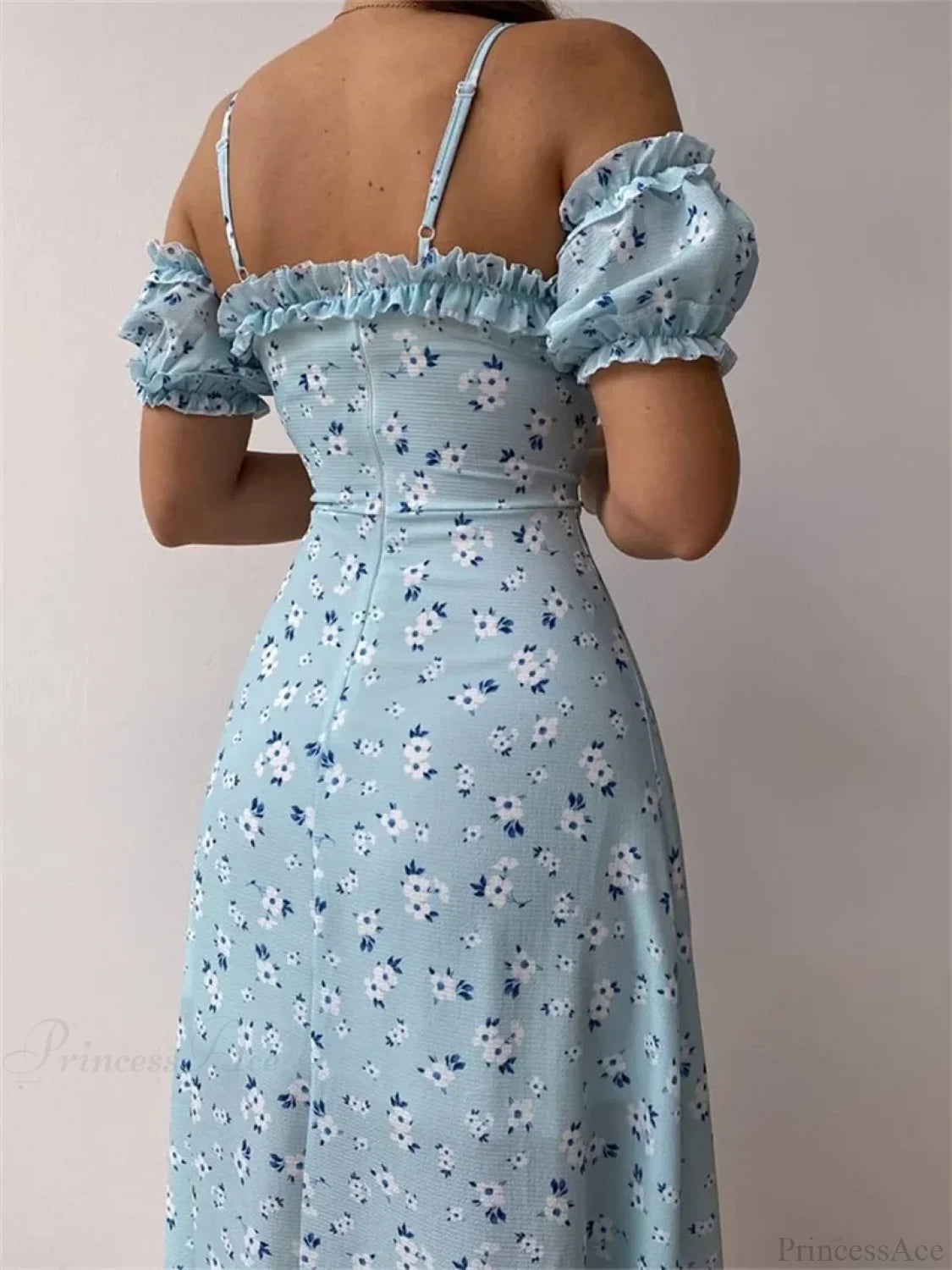 Off-Shoulder Frilly Suspender Short Sleeve Split Mid-Length A-Line Floral Dress floraldress-250126