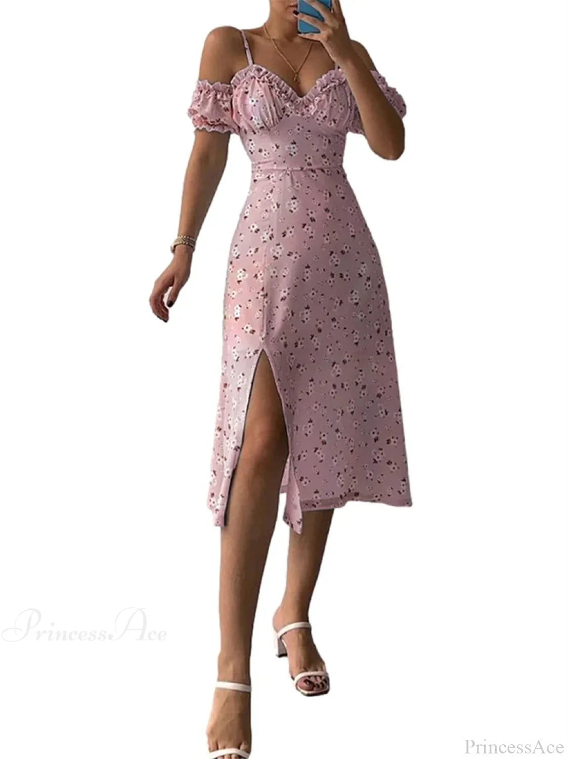 Off-Shoulder Frilly Suspender Short Sleeve Split Mid-Length A-Line Floral Dress Pink / S floraldress-250126
