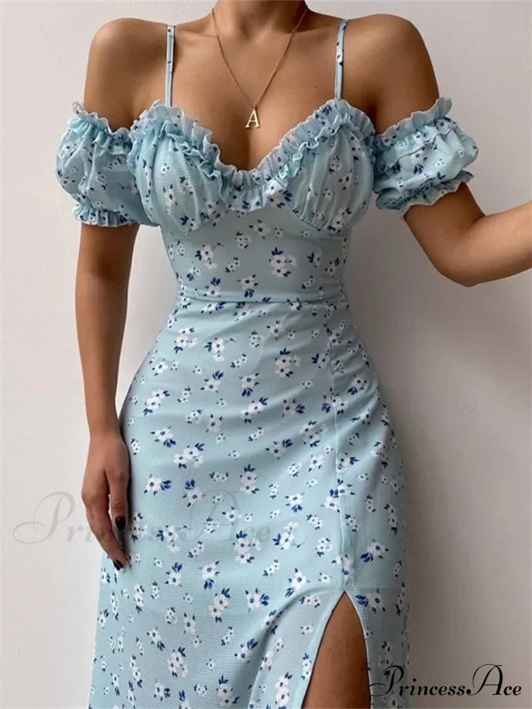 Off Shoulder Frilly Suspender V-Neck Split Floral A-Line Midi Dress