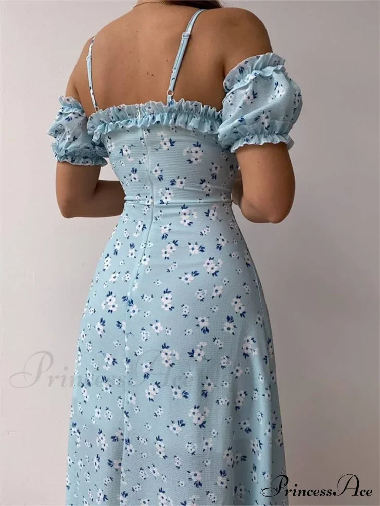 Off Shoulder Frilly Suspender V-Neck Split Floral A-Line Midi Dress