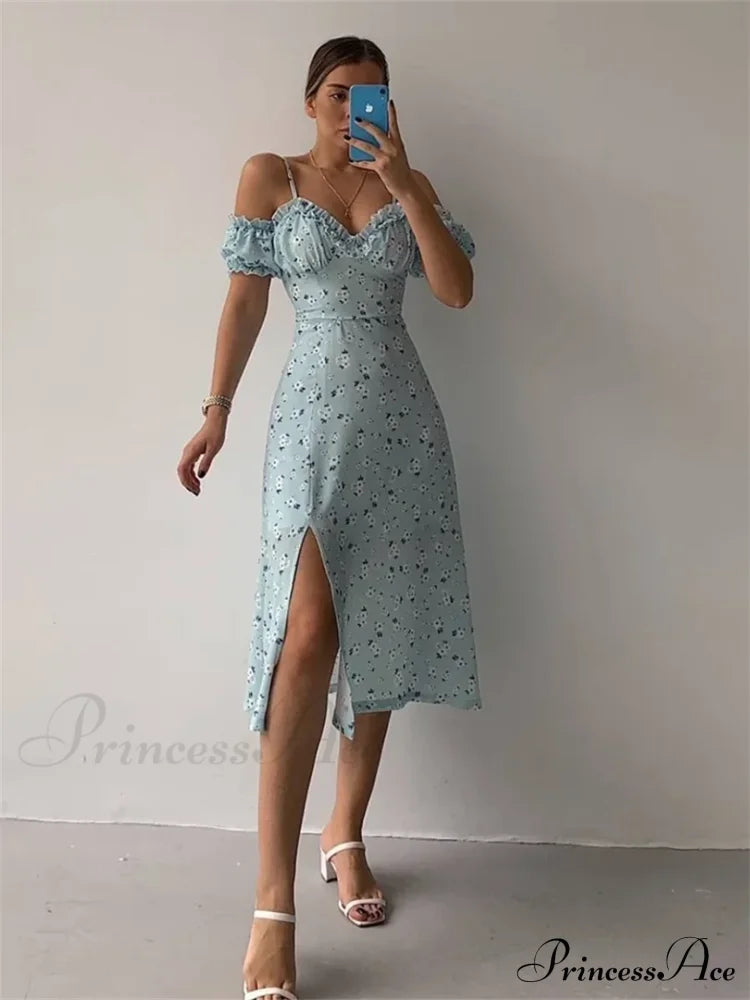 Off Shoulder Frilly Suspender V-Neck Split Floral A-Line Midi Dress Sky Blue / S