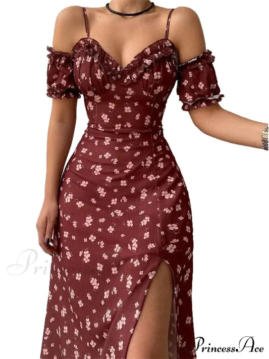 Off Shoulder Frilly Suspender V-Neck Split Floral A-Line Midi Dress Wine Red / S