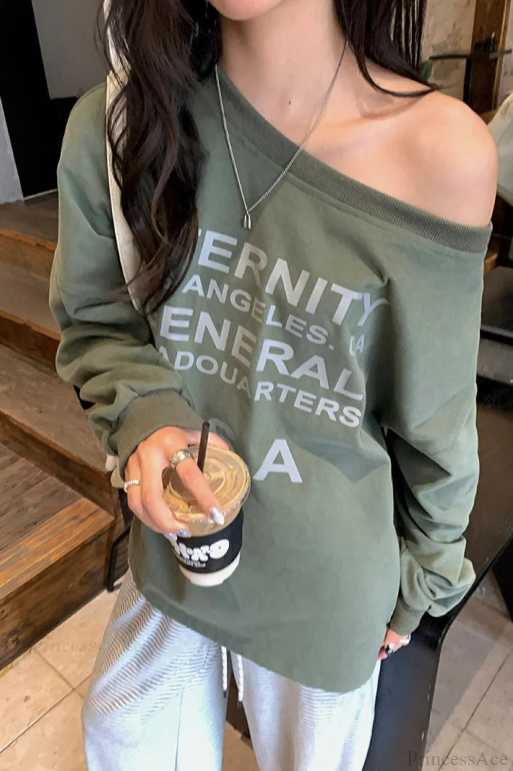Off-Shoulder Graphic Letter Relaxed Sweatshirt Green / One size
