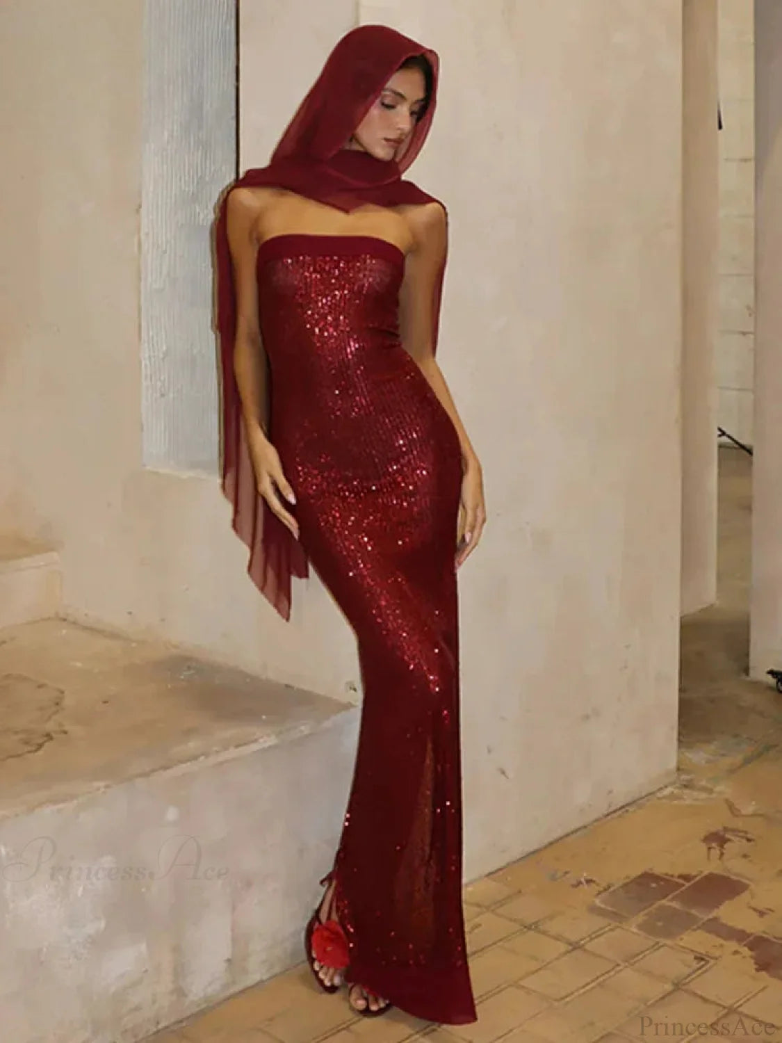 Off-Shoulder High Split Sequin Party Dress Partydress-241208