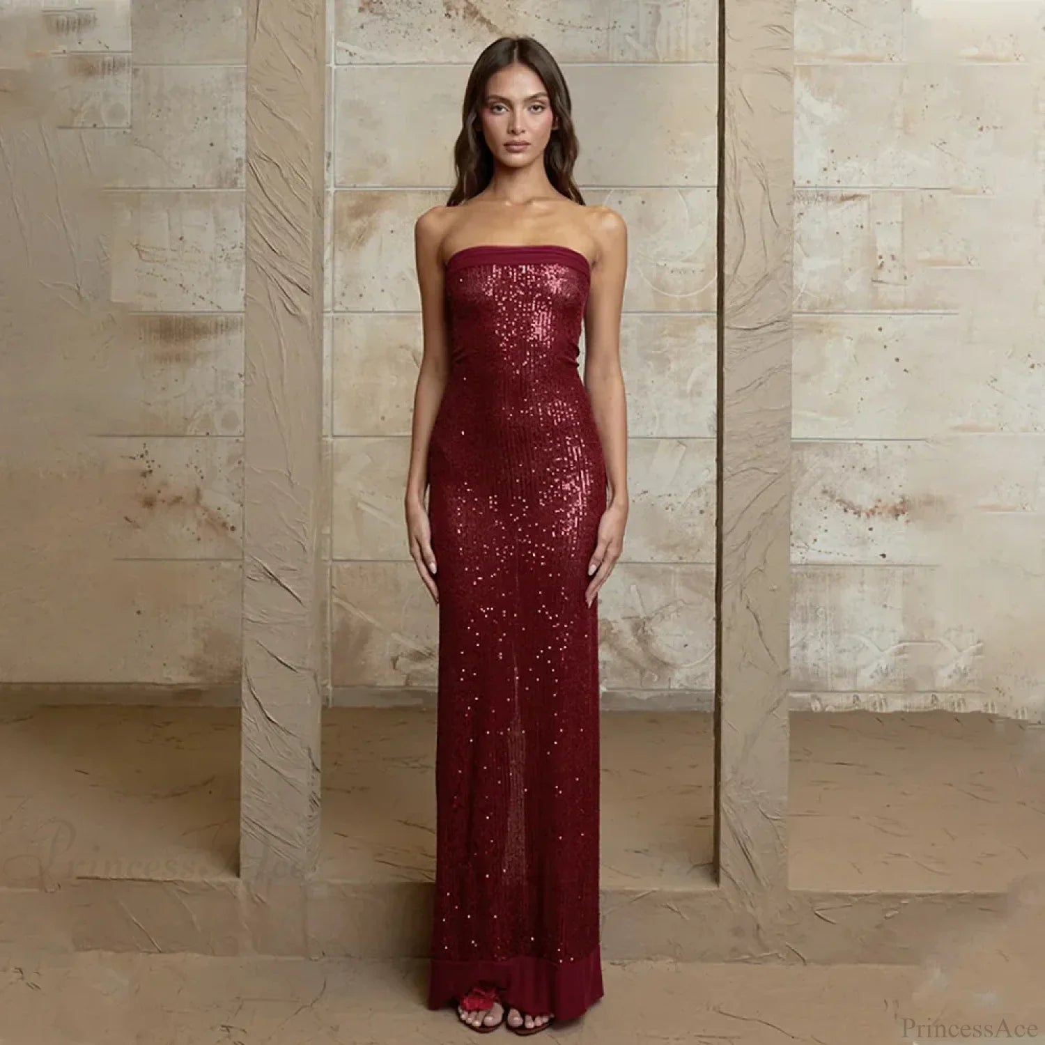 Off-Shoulder High Split Sequin Party Dress Red / S Partydress-241208