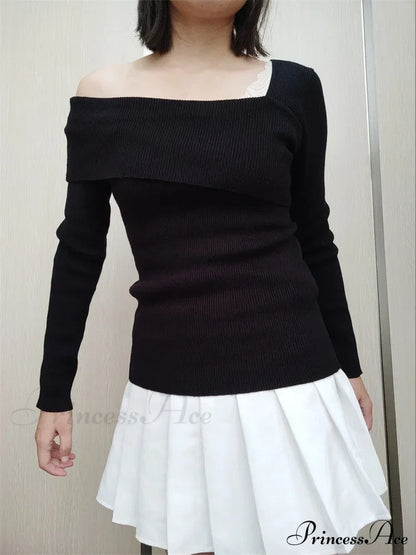 Off Shoulder Irregular Neck Long Sleeve Ribbed Knitted T-Shirts Black / Xs