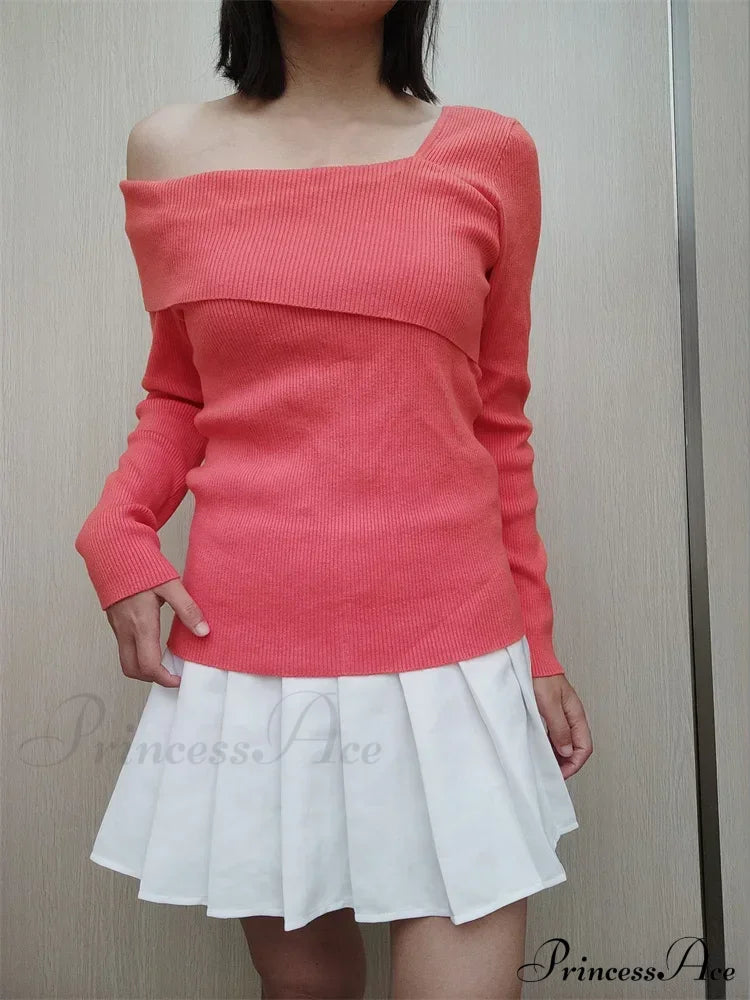 Off Shoulder Irregular Neck Long Sleeve Ribbed Knitted T-Shirts Pink / Xs