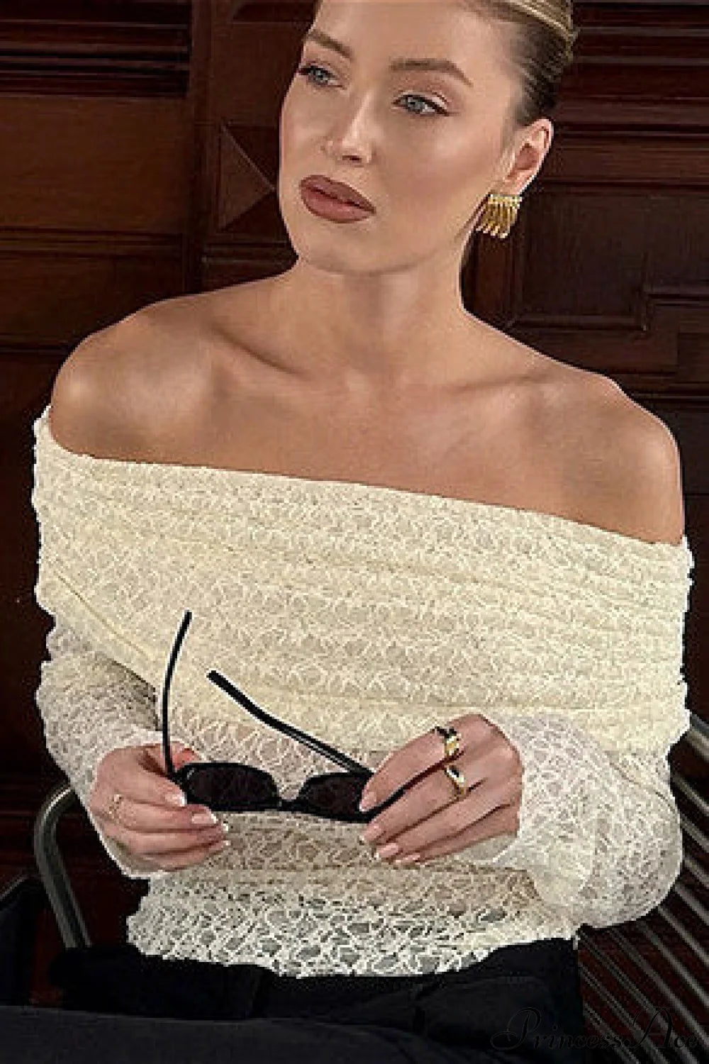 Off Shoulder Jacquard Knit Slim Long Sleeve Tee