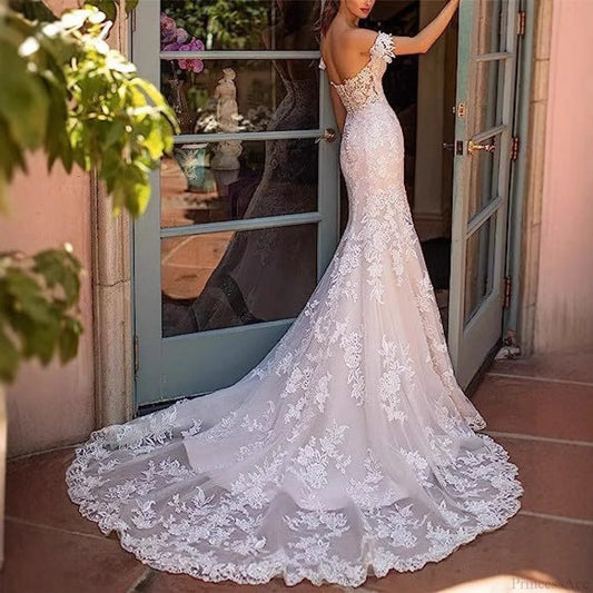 Off-Shoulder Lace Mermaid Bridal Wedding Dress lvory white / 2 weddingdress-250223