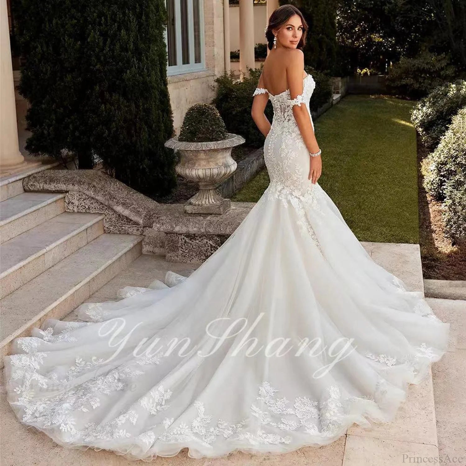 Off-Shoulder Lace Mermaid Bridal Wedding Dress White / 2 weddingdress-250223