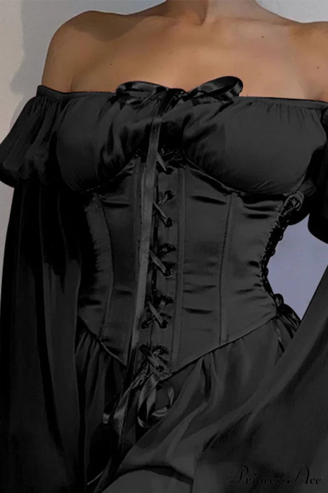 Off Shoulder Lace-Up Corset Ruched Dress Black / Girdling S Mini Dresses