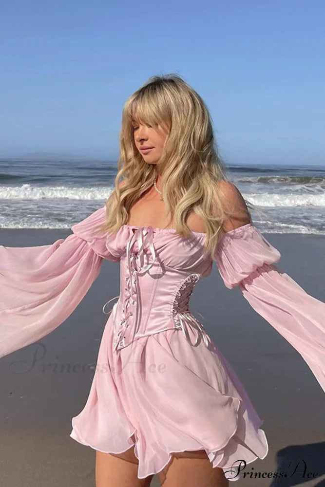 Off Shoulder Lace-Up Corset Ruched Dress Pink / S Mini Dresses