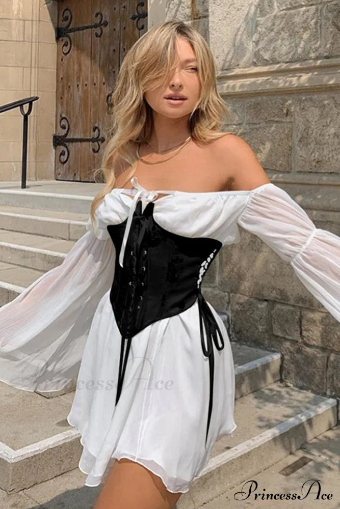 Off Shoulder Lace-Up Corset Ruched Dress White / M Mini Dresses