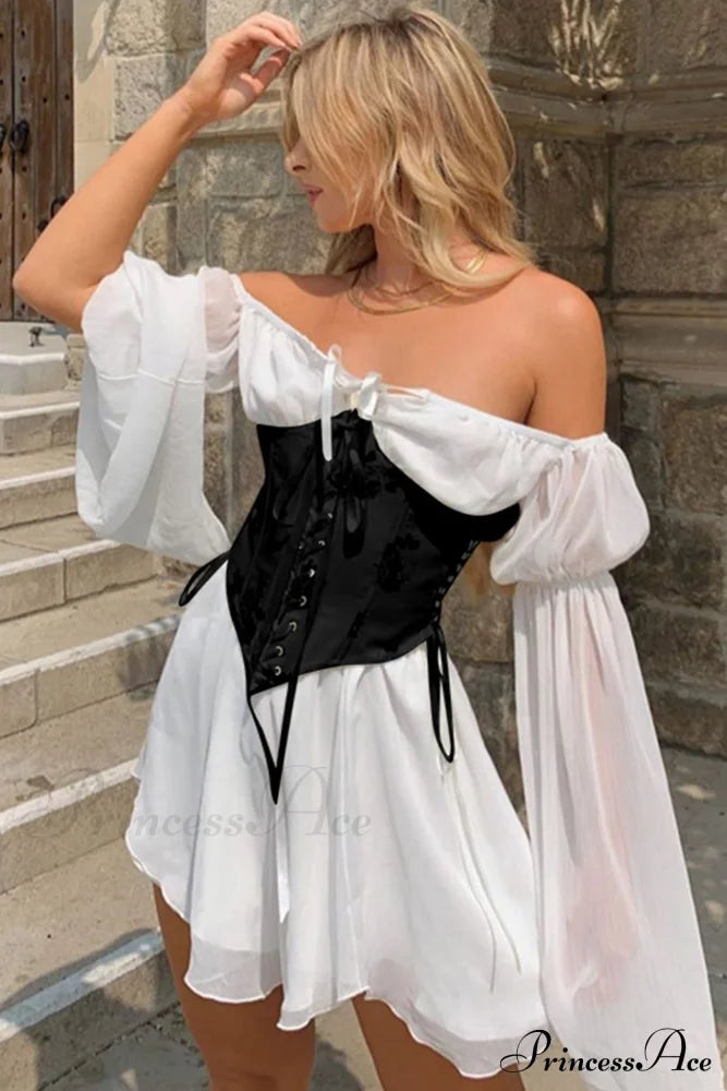 Off Shoulder Lace-Up Corset Ruched Dress White / S Mini Dresses