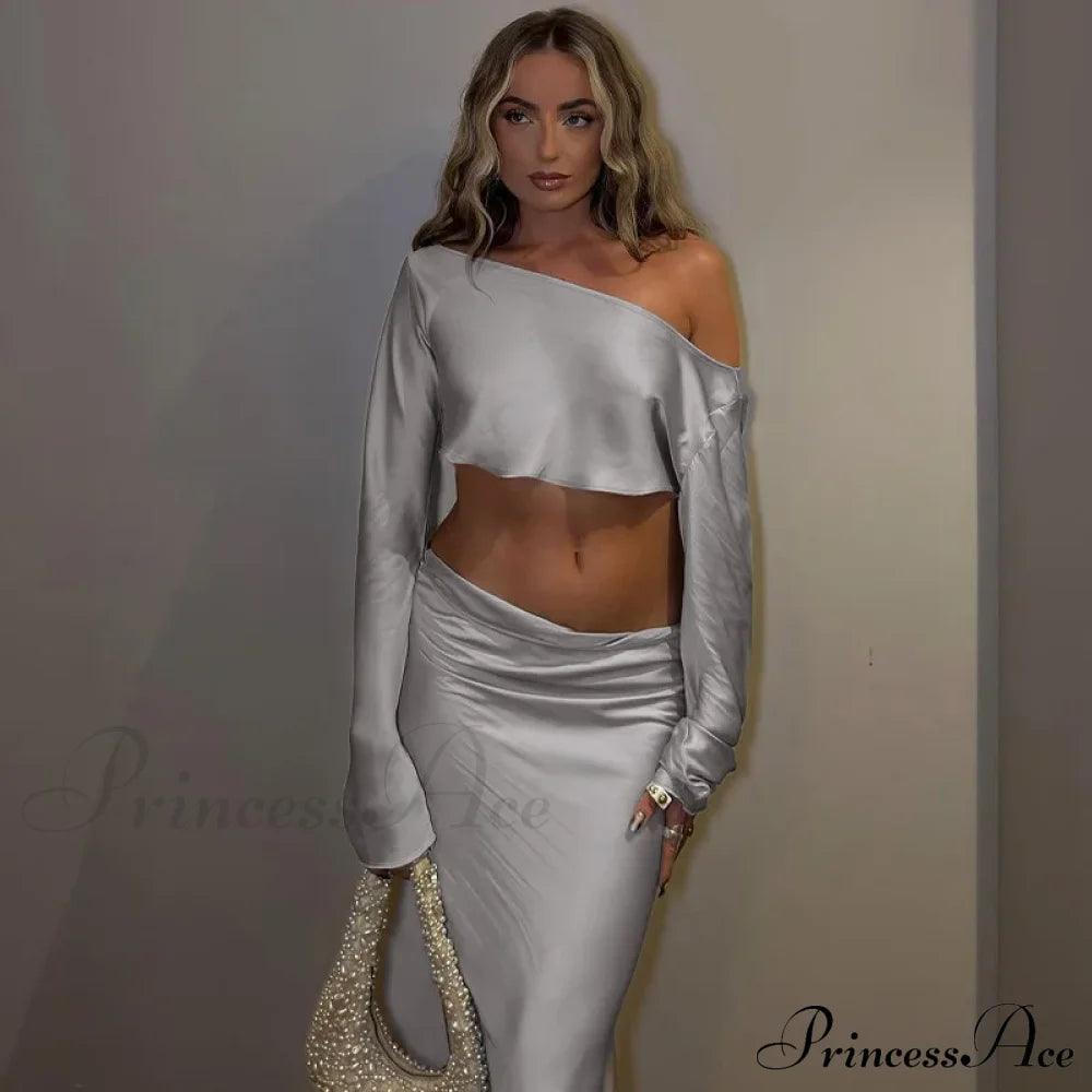 Off Shoulder Long Sleeve Top And Skirt 2 Piece Set Asymmetric Silky Co-Ords Matching Sets Midi Dress