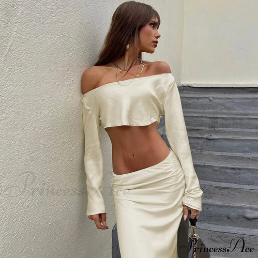 Off Shoulder Long Sleeve Top And Skirt 2 Piece Set Asymmetric Silky Co-Ords Matching Sets Midi