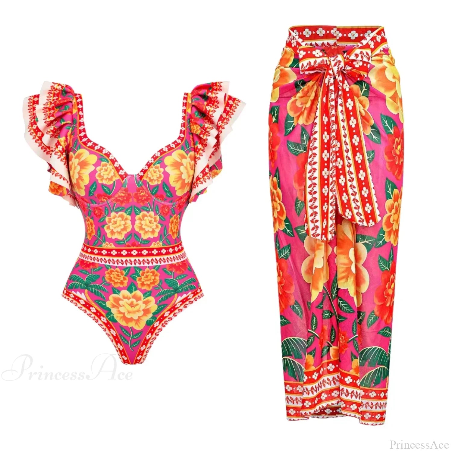 Off Shoulder Print Sarong Two Piece Set color5 / S