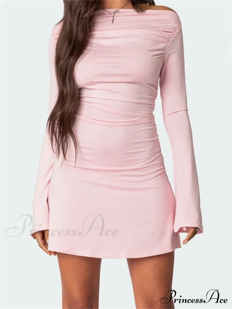 Off Shoulder Ruched Fashion Long Sleeve Irregular Neck Mini Dress