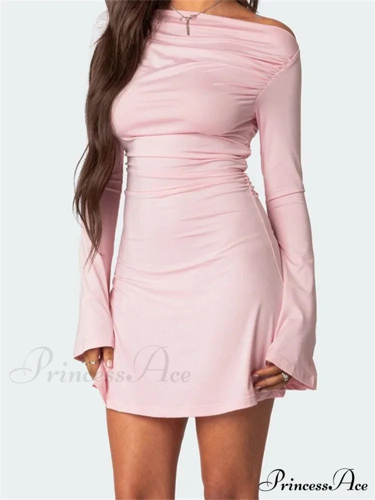 Off Shoulder Ruched Fashion Long Sleeve Irregular Neck Mini Dress