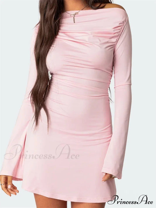 Off Shoulder Ruched Fashion Long Sleeve Irregular Neck Mini Dress Pink / S